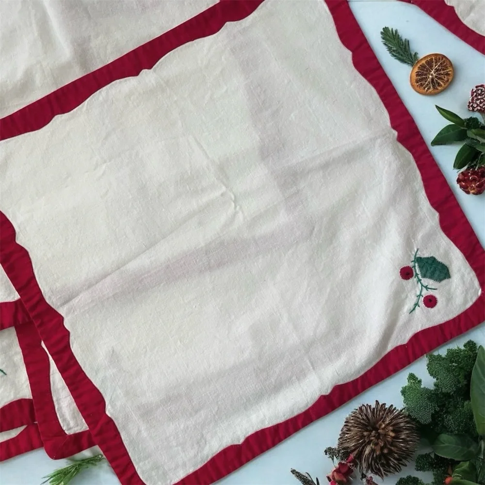 Vintage 12-Piece Christmas Embroidered Placemats Napkins Set for 6 Candles